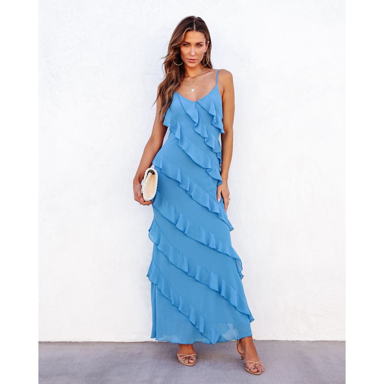 European and American foreign trade women's spring and summer sexy backless sling U-neck off-shoulder wave slim side slit dress long