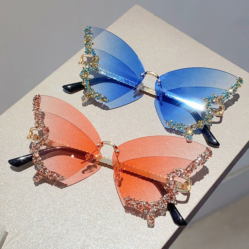 Cross-border new butterfly shape diamond frameless sunglasses for women fashion personality exaggerated sunglasses European and American Internet celebrity broken diamonds