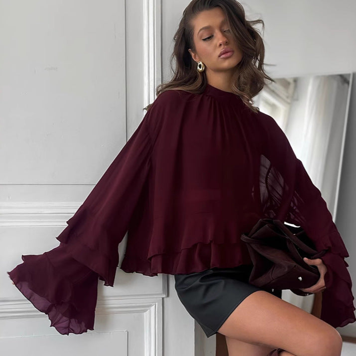 Cross-border European and American style 2025 autumn new women's clothing solid color chiffon top with ruffled long sleeve layered casual shirt