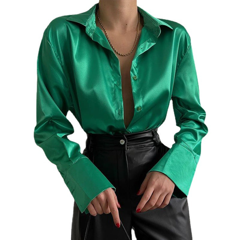 Long-sleeved satin shirt women's spring single-breasted cardigan European and American fashion temperament casual top shirt women's clothing