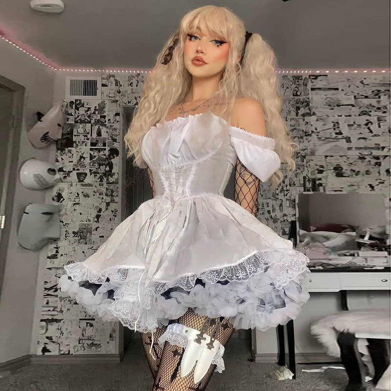 CC21011 one-shoulder lace stitching dress European and American dark style temperament waist slimming fluffy short skirt female