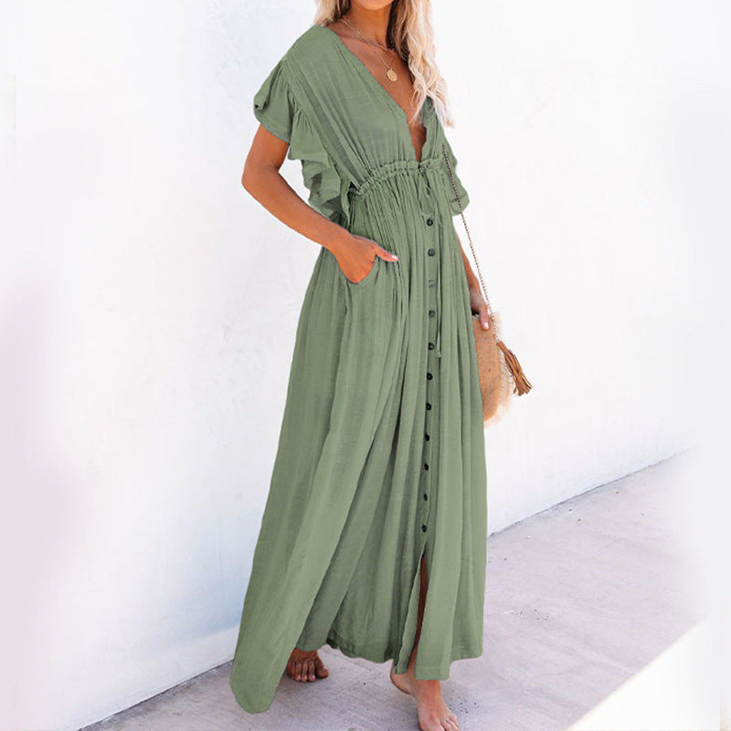 2023 cross-border foreign trade independent station new solid color beach cover-up long skirt sun protection shirt Hawaii seaside vacation