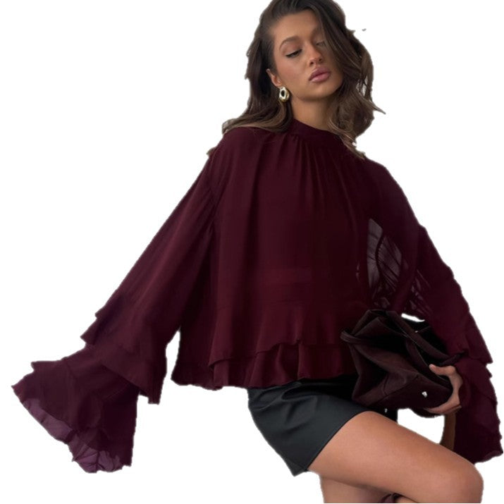 Cross-border European and American style 2025 autumn new women's clothing solid color chiffon top with ruffled long sleeve layered casual shirt