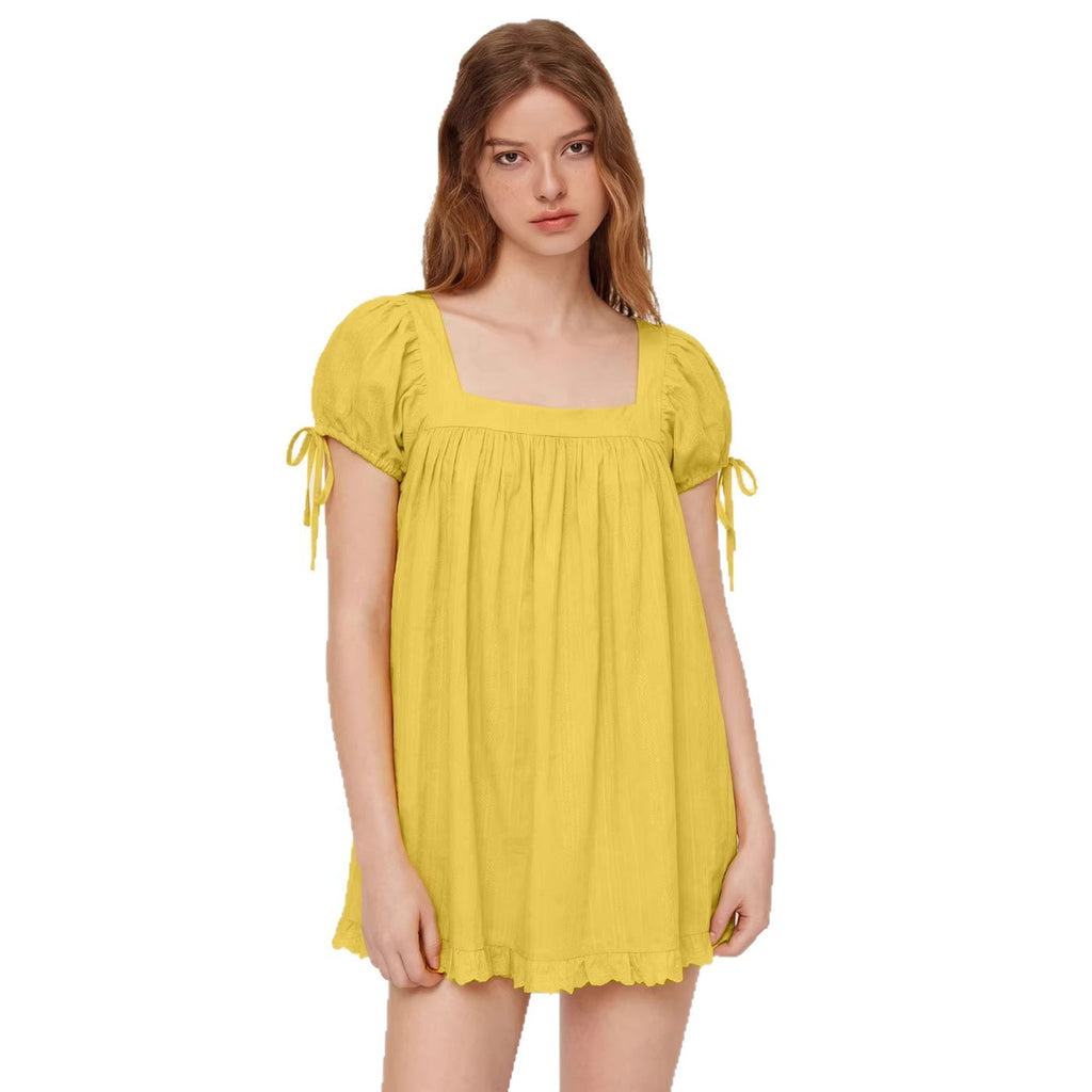 2026 New Cross-Border European and American Amazon Independent Store Women's Casual Square Neck Ruffle Tie Short Sleeve Shirt