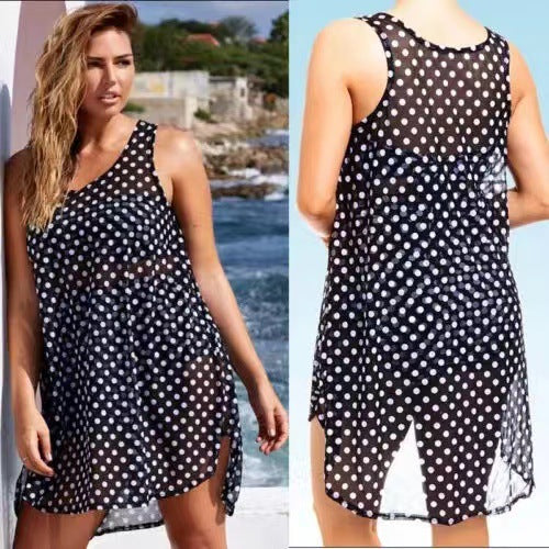 Cross-border foreign trade hot-selling hot-selling 2023 spring and summer fashion versatile printed polka dot round neck short and medium skirt women's dress