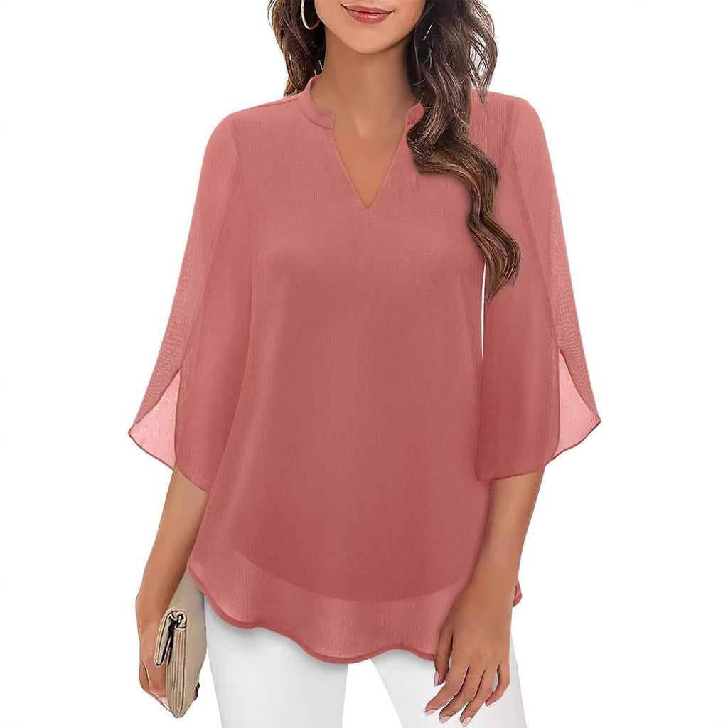 2025 Cross-Border Amazon Casual Summer New European and American Style Women's Petal Sleeve Top Loose V-Neck Chiffon Shirt