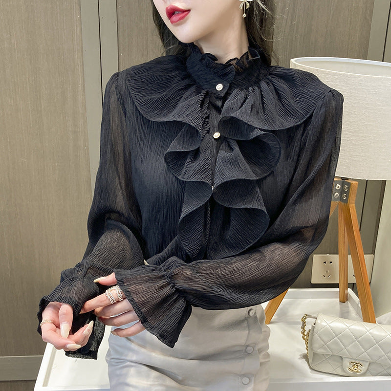 Real shot! 2022 new autumn ruffled long-sleeved chiffon shirt, super comfortable and solid color for commuting and reducing age