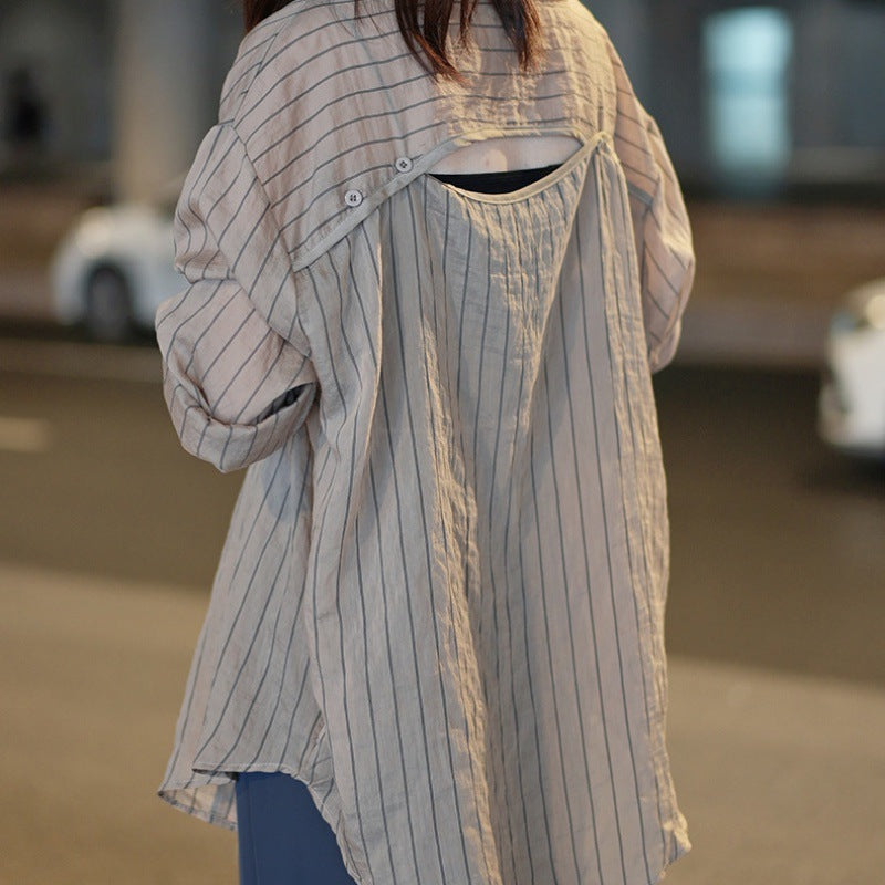 2023 Korean version of the design sense striped hollow shirt style suit drape fashion temperament light luxury sun protection clothing women's outerwear