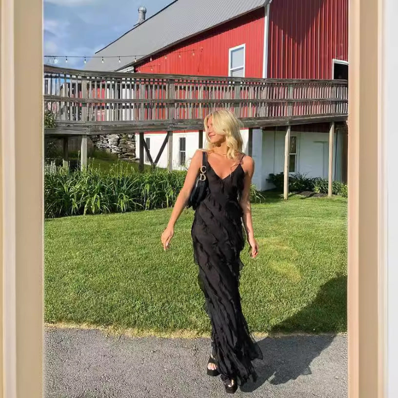 European and American foreign trade women's spring and summer sexy backless sling U-neck off-shoulder wave slim side slit dress long