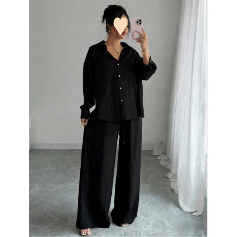 European and American cross-border spring new style elegant fashion women's two-piece set plus size faux linen shirt set high waist loose trousers