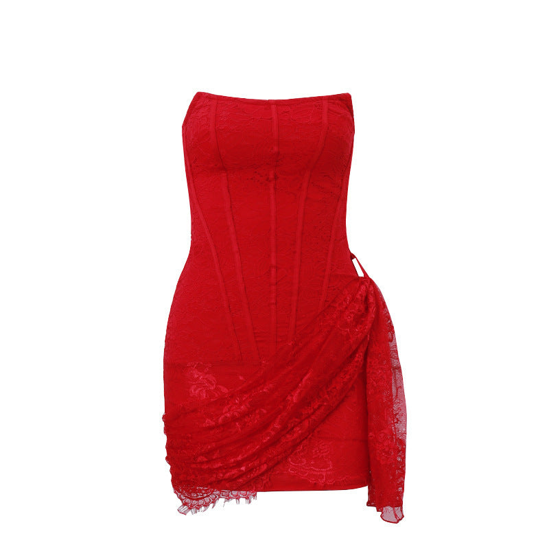 Amazon 2023 autumn new women's clothing sexy lace mesh one-shoulder tube top slightly transparent slim dress female