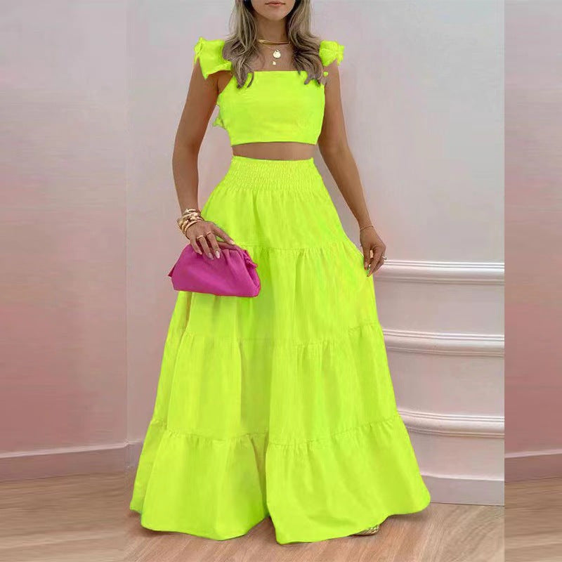 2023 summer European and American cross-border new temperament sexy solid color mid-waist suspenders two-piece suit dress