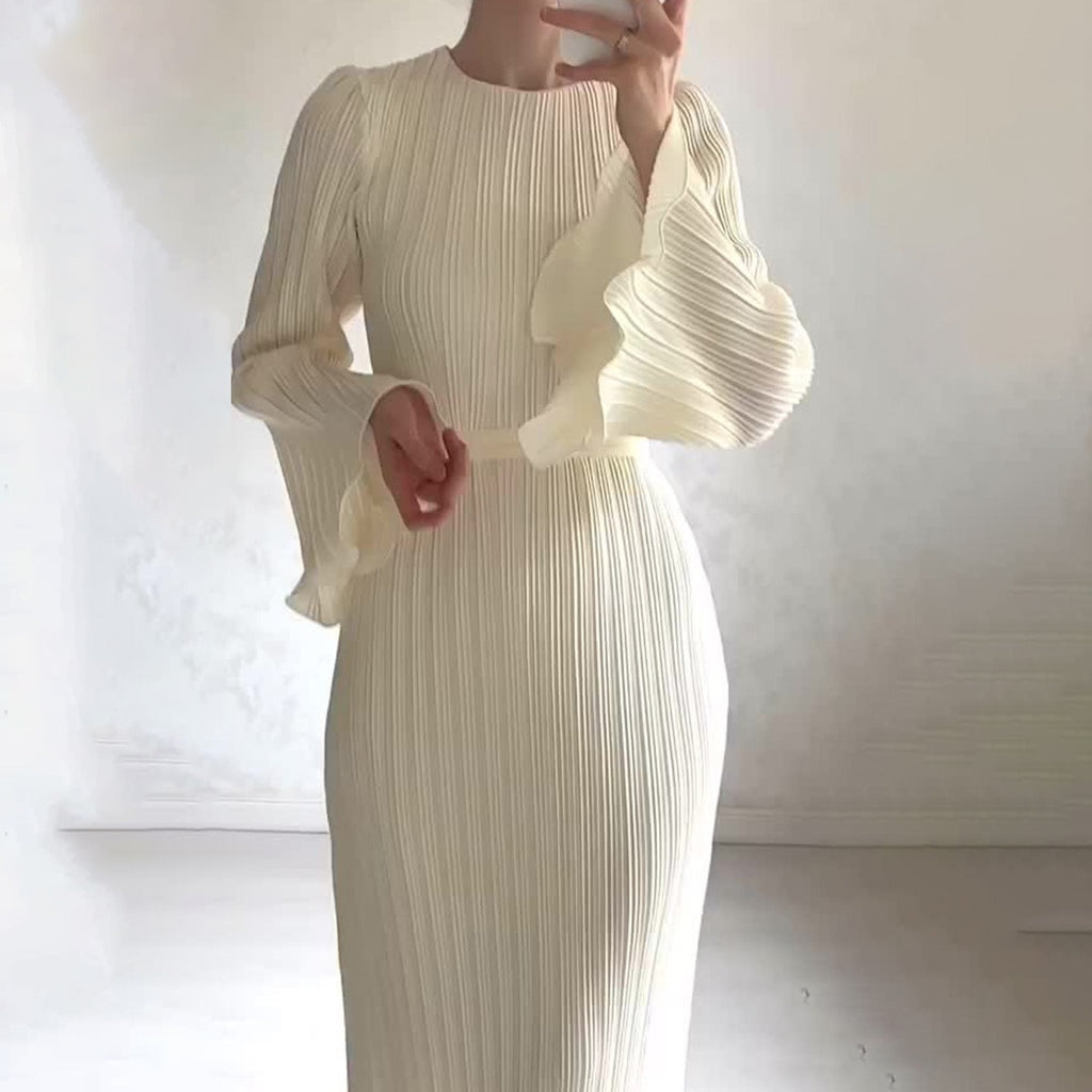 Amazon European and American clothing 2023 new autumn long skirt temperament pleated bell sleeve mid-length dress