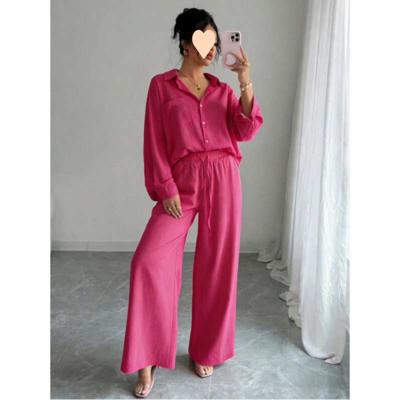 European and American cross-border spring new style elegant fashion women's two-piece set plus size faux linen shirt set high waist loose trousers