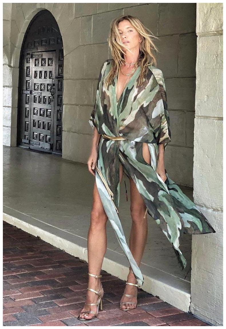 Cross-border foreign trade independent station new 2021 summer printing large size sunscreen beach loose holiday chiffon cardigan women