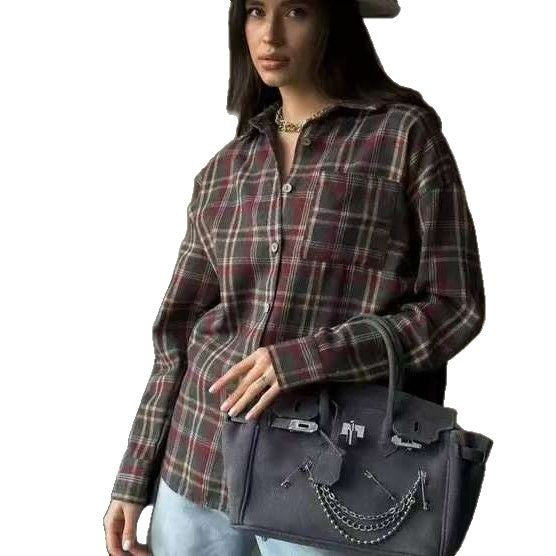Amazon 2025 Spring and Autumn Cross-border Retro All-match Lapel Loose Shirt #Plaid Long Sleeve Pocket Women's Shirt