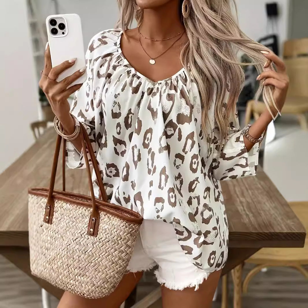 2024 European and American cross-border spring and summer women's clothing temperament commuter tops khaki leopard print large V-neck pleated three-quarter sleeve shirt