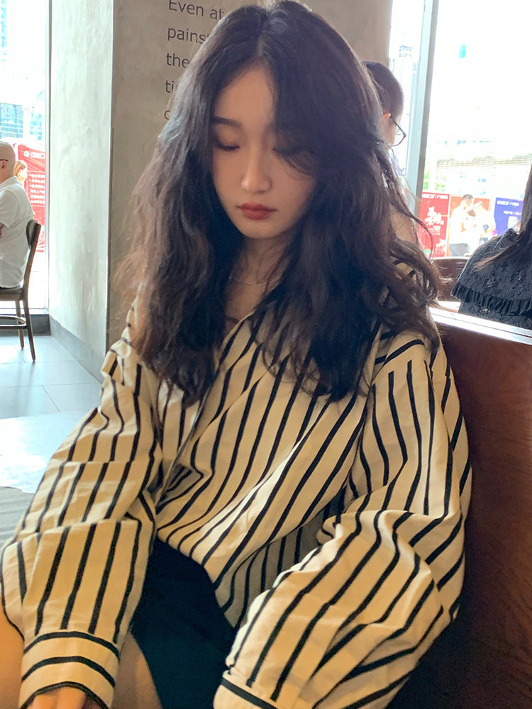 Lazy French style Hong Kong style temperament long-sleeved tops for women, design niche striped shirts, all-match early autumn