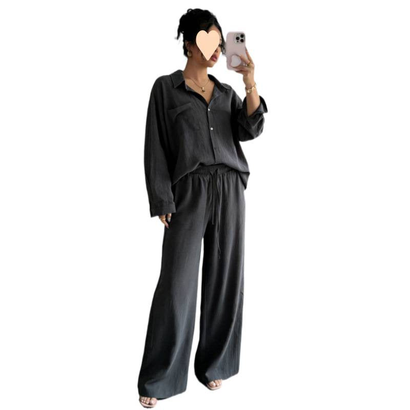 European and American cross-border spring new style elegant fashion women's two-piece set plus size faux linen shirt set high waist loose trousers