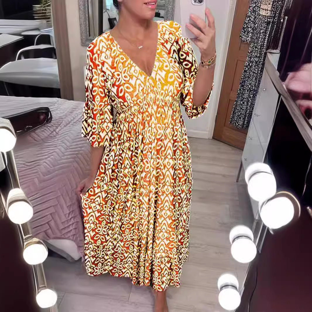 2024 Summer New Amazon Super Fairy V-neck Dress Seaside Vacation Beach Dress Printed Loose Long Dress Women