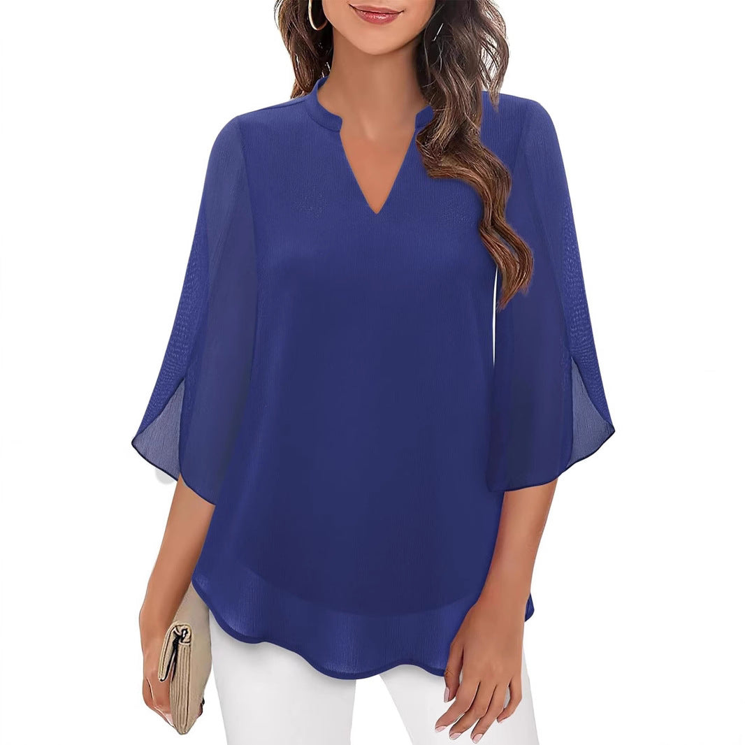 2025 Cross-Border Amazon Casual Summer New European and American Style Women's Petal Sleeve Top Loose V-Neck Chiffon Shirt