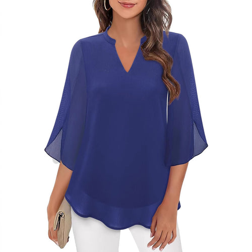 2025 Cross-Border Amazon Casual Summer New European and American Style Women's Petal Sleeve Top Loose V-Neck Chiffon Shirt
