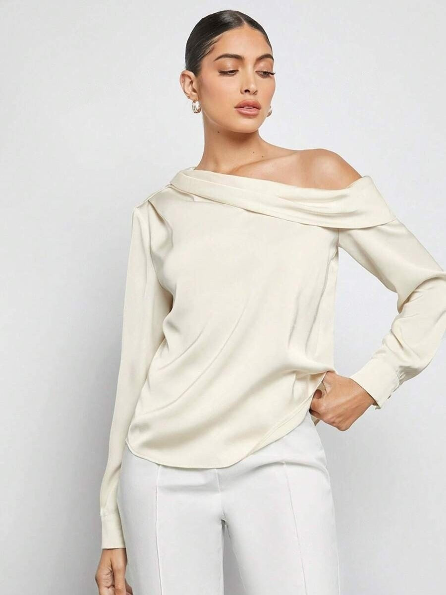 Foreign trade cross-border pleated satin shirt top spring and summer European and American Amazon off-shoulder asymmetrical long-sleeved shirt women's clothing
