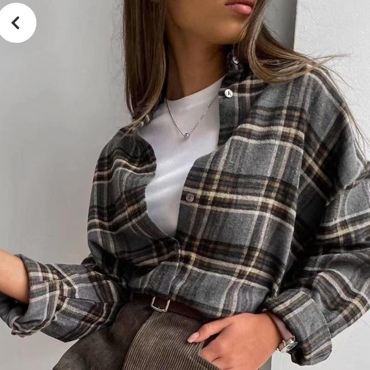 Amazon 2025 Spring and Autumn Cross-border Retro All-match Lapel Loose Shirt #Plaid Long Sleeve Pocket Women's Shirt