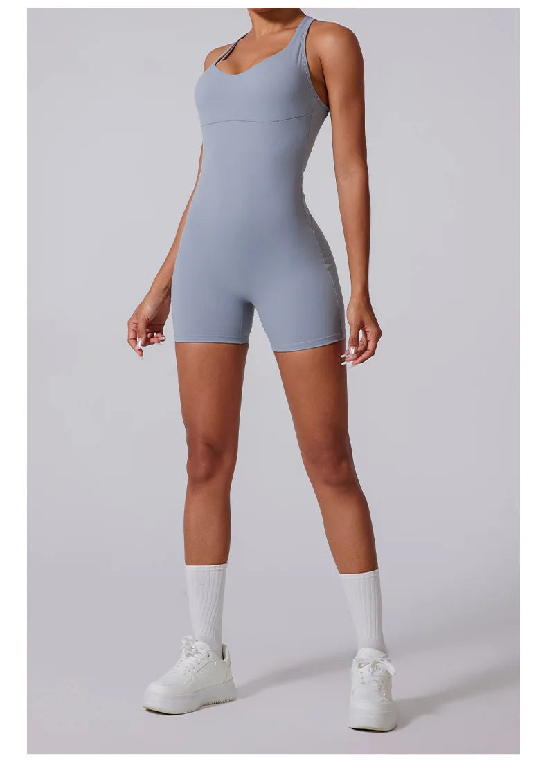 Sexy Cross Hollow Backless Fitness Short Overalls Playsuit Women One Piece Summer Outfits Gym Romper Yoga Sports Short Jumpsuit