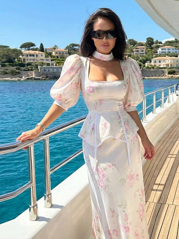 Satin Floral Print Maxi Dress Puffed Sleeve Halter Neck Waist Cinched 2026 Summer Vacation Women Vestido Fashion Chic Lady Gown