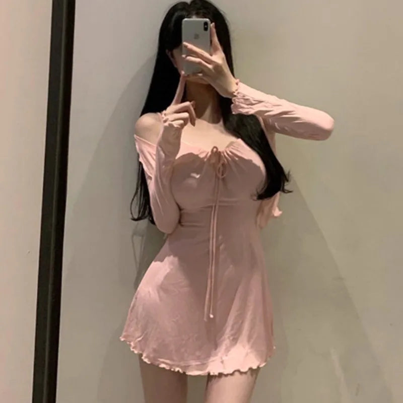 Korean Dongdaemun Comfortable Thin Open Cardigan Waist Cinched Bodycon Wood Grain Edge Strap Dress Sexy Chic Spring Cotton Bl...