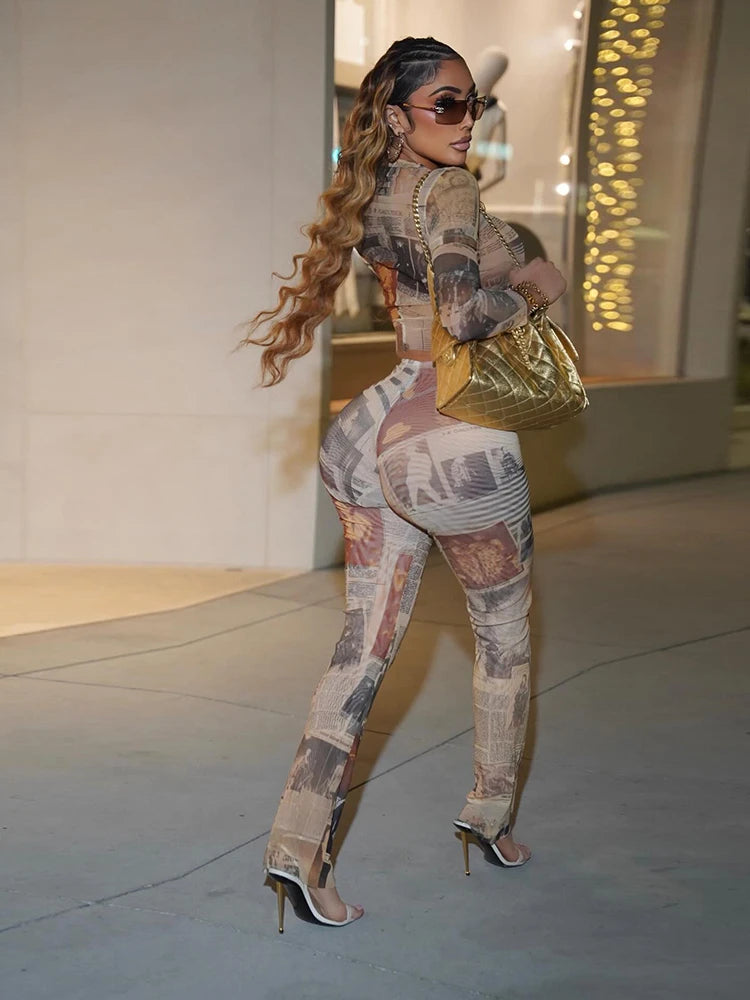 Kliou Sexy See Through 2 Piece Set Woman Colorful Print o-Neck Full Sleeve Crop Tops+Skinny Peach Hip Long Pants Art Style Suits