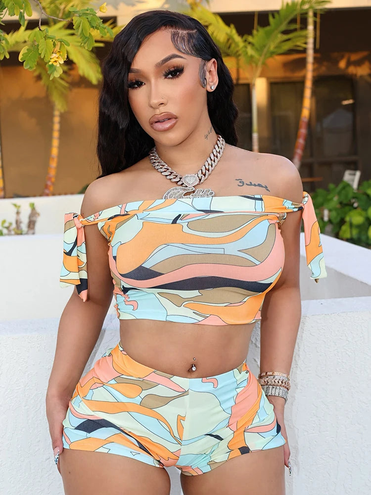 kliou Printed Summer 2 Piece Set Women Fashion New Bandage Off Shoulder Crop Tops+Matching Slim Shorts Female Streetwear Outfits