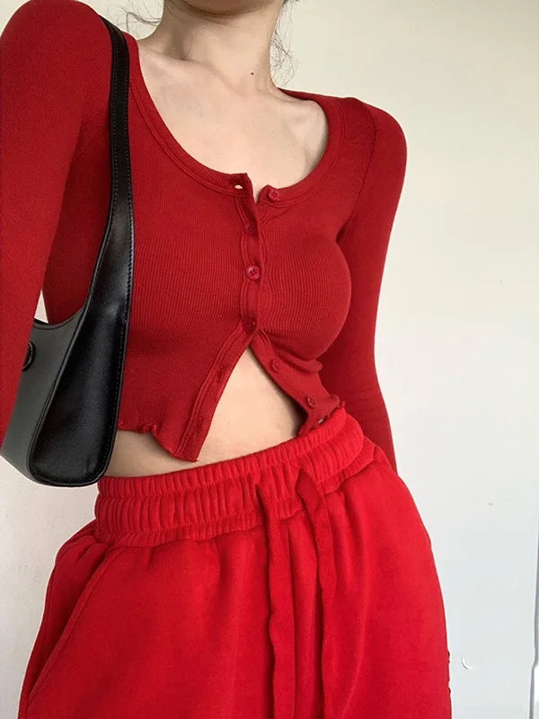 2024 Spring/autumn Korean Version Long Sleeve Round Neck Single Breasted Slim Cardigan Red Sports Short Exposed Navel Top UTUP
