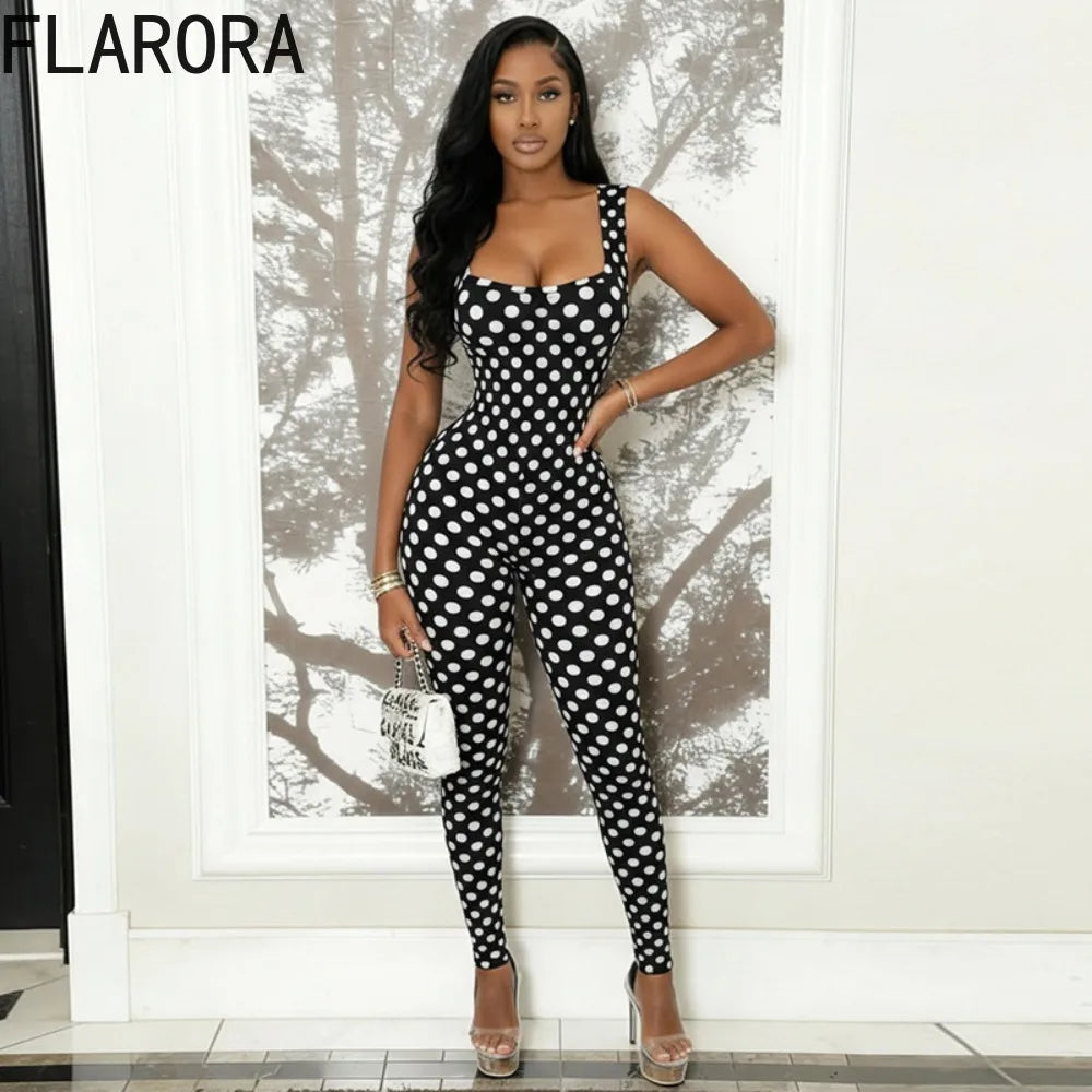 FLARORA Sexy Backless Jumpsuit Women Trend Polka Dot Printing Sleeveless Square Collar Skinny Coquette Midnight Club Streetwear