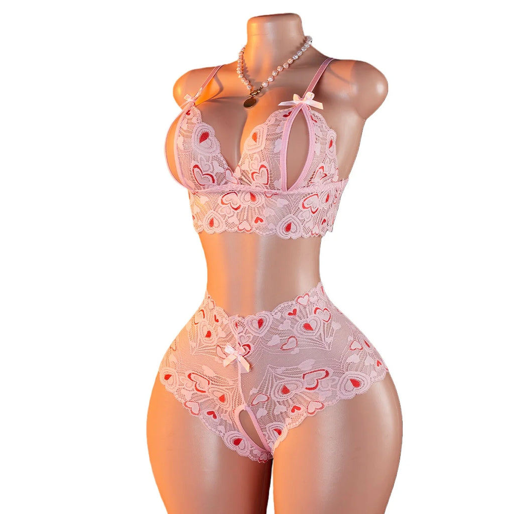 Pink Lace Open Brassiere Crotchless Panties Sexy Lingerie Female Sling Seductive Women's Fetish Transparent Underwear Sets