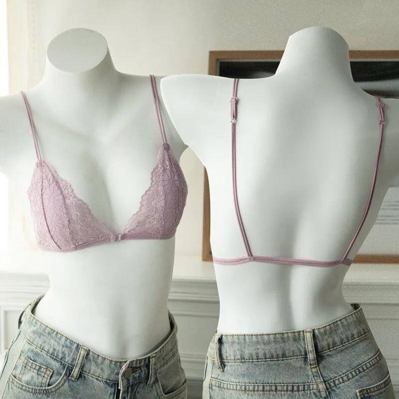 French-style Sensual Lingerie with Thin Lace, Back Zipper, Wireless Pure Cup, Ultra-thin Comfy Triangle Cups for Small Bust Fit