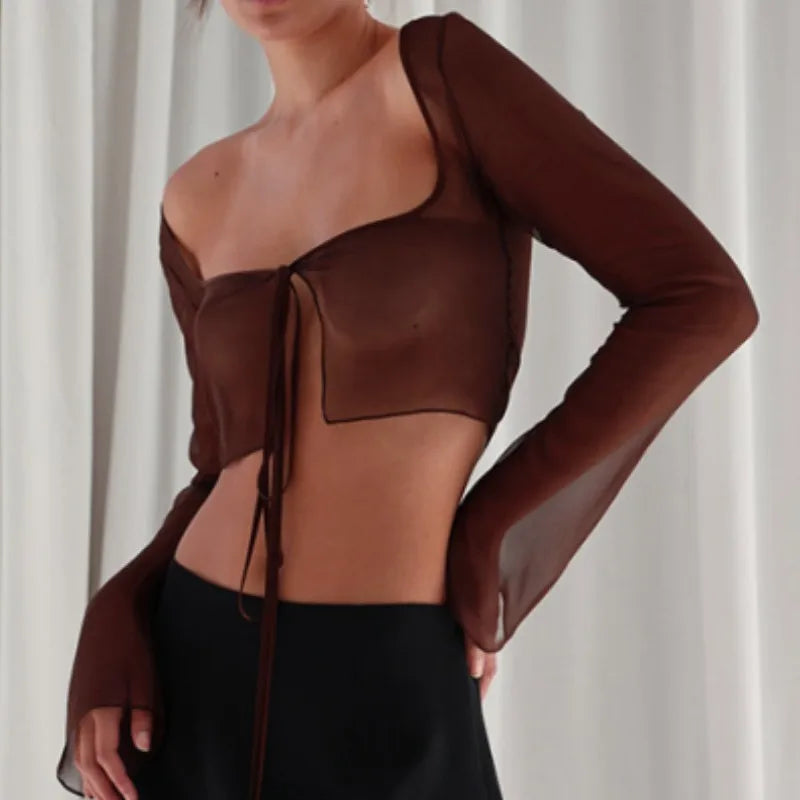 Women's Crop Tops Long Sleeve Solid Color Tie-Up Cardigan Mesh Sheer T-shirt for Young Ladies Y2K Clothes Cardigan