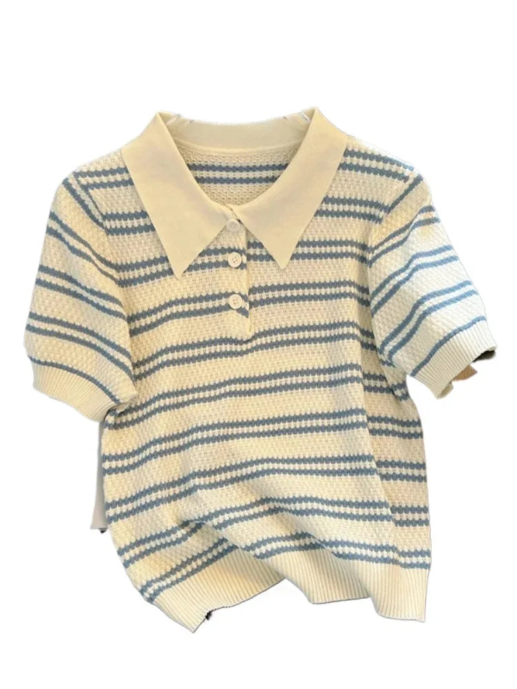 2025 Polo Neck New Womens Knitting T-Shirt Striped Short Sleeve Women T Shirt