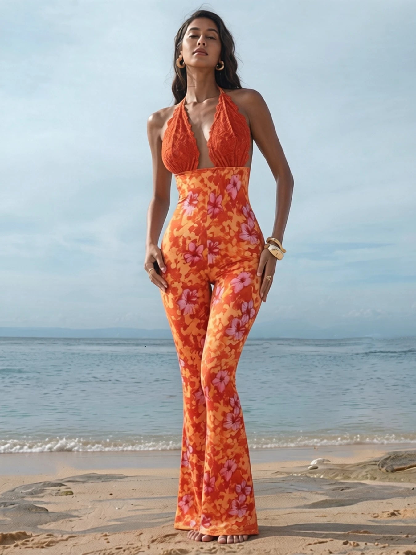 Women Halter Neck Lace Trim Floral Print Flared Jumpsuit Boho Spring Summer Vacation Beach Date Lightweight Flattering Jumpsuit