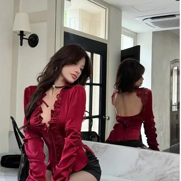Sexy Pure Lust Style V Neck Womens Shirt Lace Drawstring Back Hollow Corset Top 2024 Design Fashionable Versatile Korean Blouse