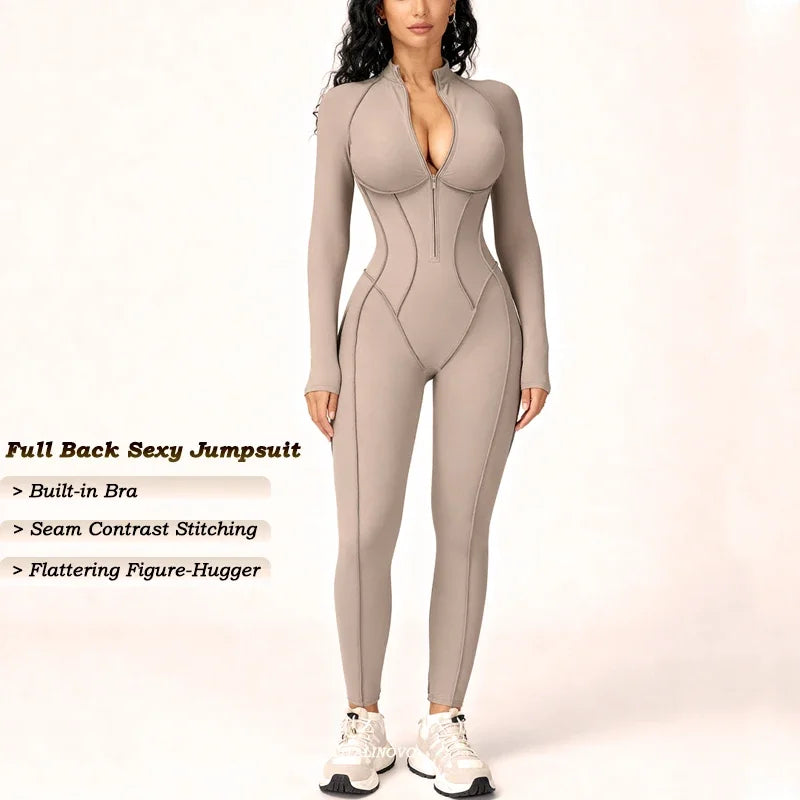 VITALINOVO Womens Running Onesie Athletic Romper Pants Long Sleeve Zip Up Hiking Outfits One Piece Workout Bodycon Jumpsuits