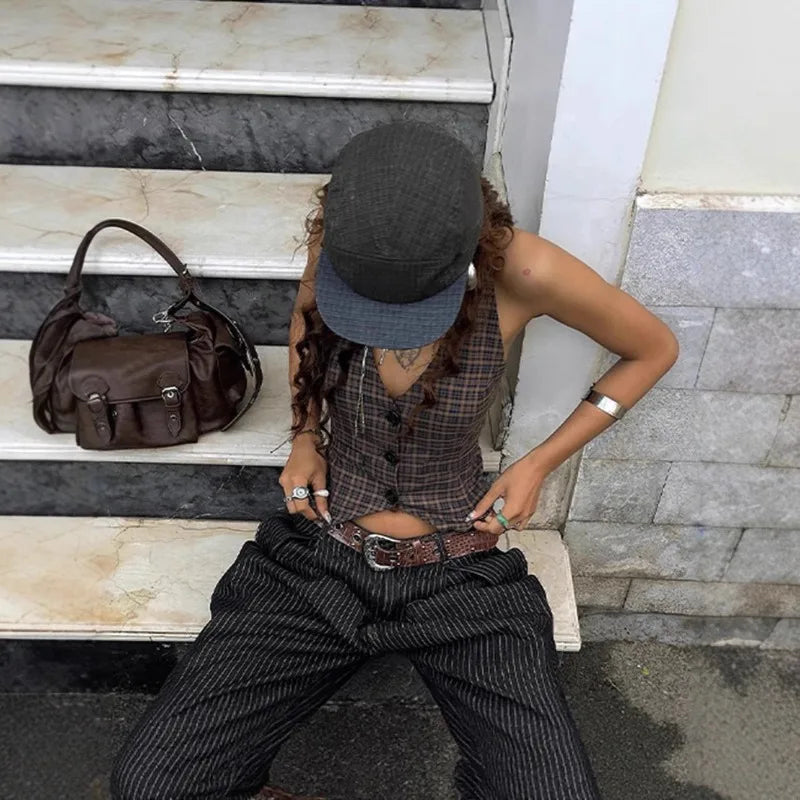 Plaid Print Vintage Cardigan V-neck Buttons Halter Casual Crop Tops Sexy Backless Sleeveless Tank Tops Fashion Streetwear Vest