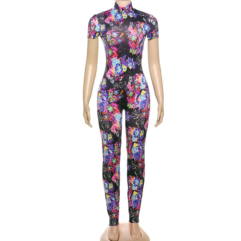 Women Sexy Ruched Backless Printed Jumpsuits 2025 Summer Turtleneck Short Sleeve Skinny Club Party Overalls Casual Romper