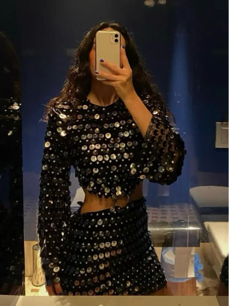 Sexy Shiny Sequins Short Dresses Female Glitter Flaer Sleeve Slim Hollow Out Mini Dress Sparkling Club Party Outfits High Street