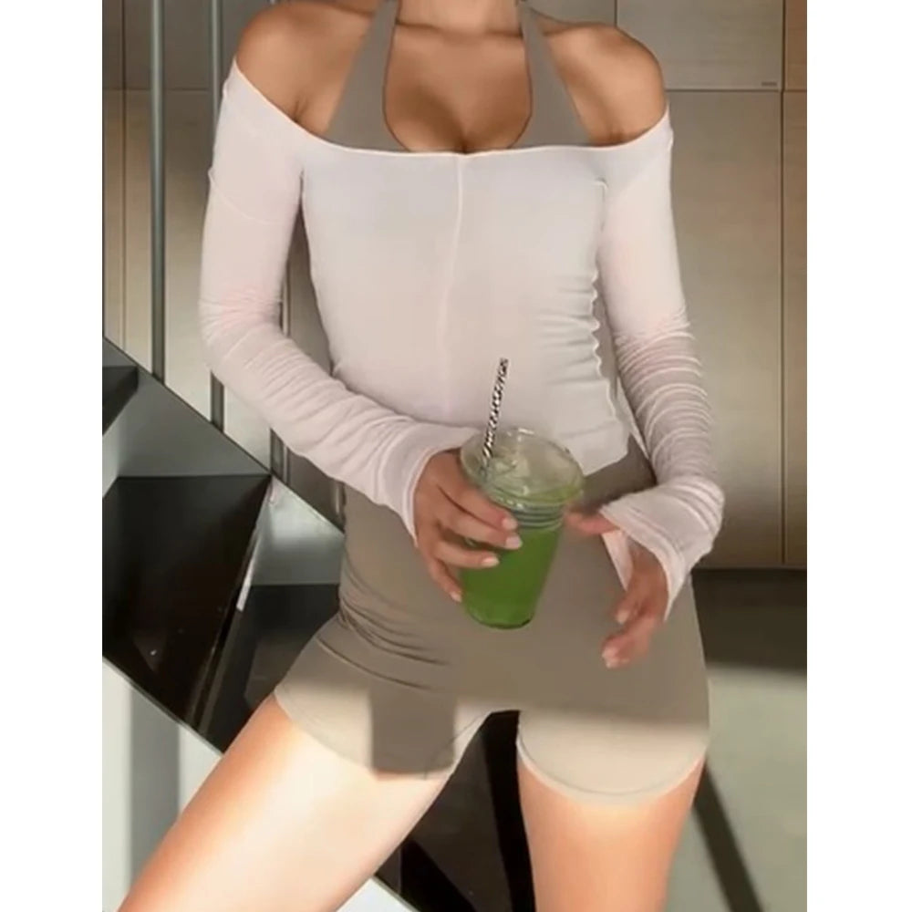 Women Summer Solid Sexy Off Shoulder Long Sleeve Crop Tops y2k Yoga Fitness Slim Fit Workout Gym Sports Running T-Shirts Tees