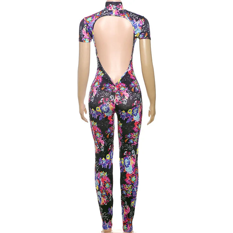 Women Sexy Ruched Backless Printed Jumpsuits 2025 Summer Turtleneck Short Sleeve Skinny Club Party Overalls Casual Romper