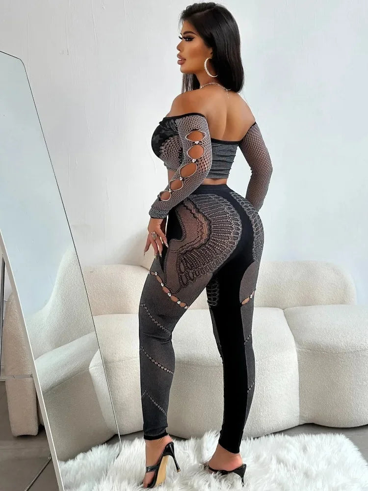 Leosoxs Sexy Thick Women 2Piece Set Chic Hollow Rhinestones Slash Neck Crop Tops+Patchwork Leggings Stretch Matching Clubwear