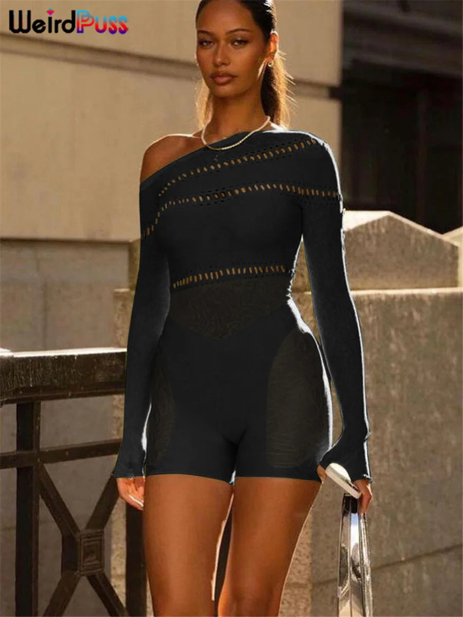 Weird Puss See Through Romper Women Sexy  Hollow Rhinestones Long Sleeve Skinny Irregular Off Shoulder Body-Shaping Playsuits