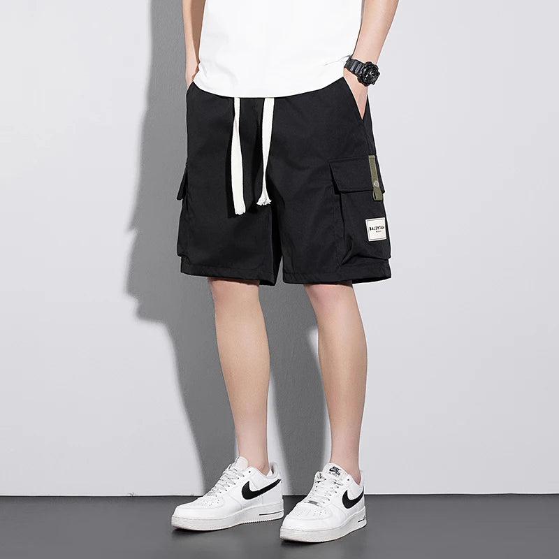 Streetwear Men's Solid Color Cargo Shorts with Pockets Drawstring Waist Elastic Side Loose Fit Chino Summer Lightweight Trousers